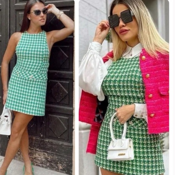 Zara Dresses & Skirts - Zara Green and White Houndstooth Pinafore Mini Dress Blogger’s Favorite